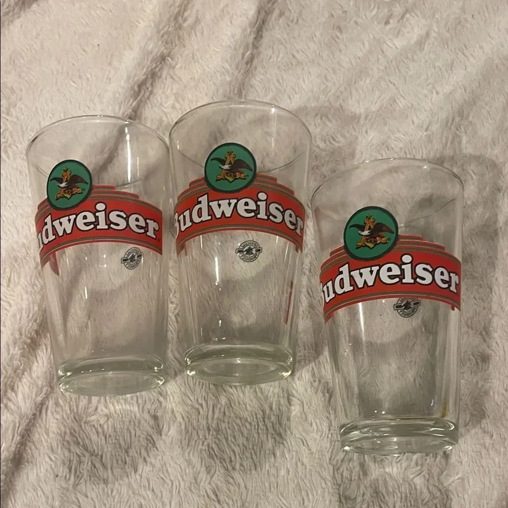 Vintage Budweiser Red and Green Logo Glass Trio
